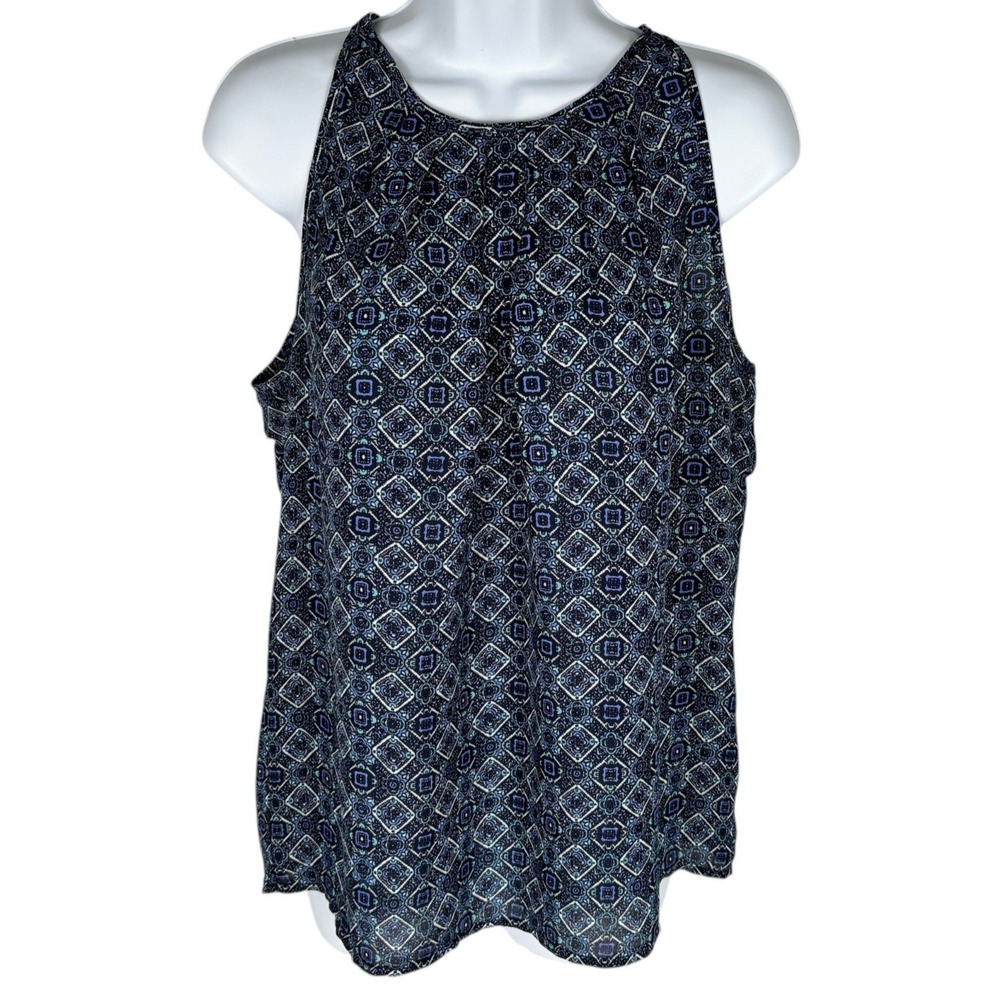 Cynthia Rowley Blue Mosaic Tile Print‎ Sleeveless Blouse Sz M Upscale Chic
